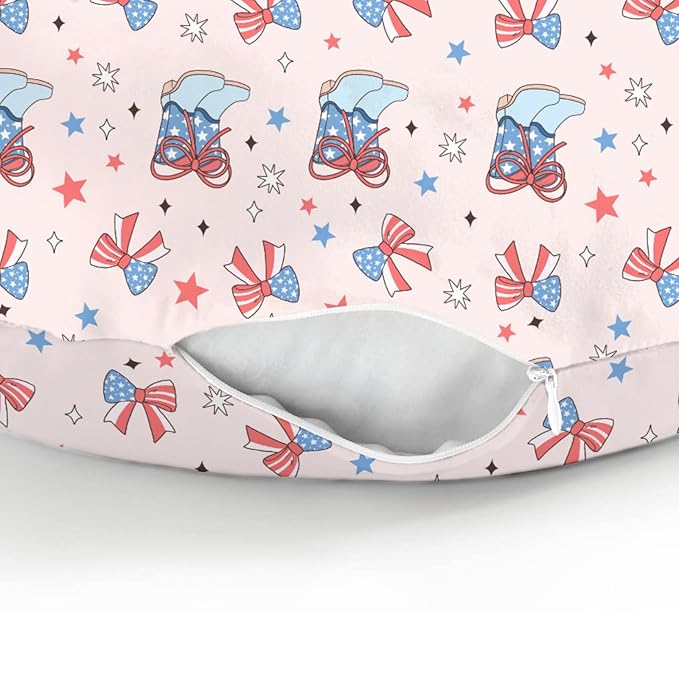Pink July 4th Cowgirl Baby Nursing Pillow Covers for Girl Western Cowboy Boots American Flag Bows Stars Nursery Slipcovers for Breastfeeding Pillows Patriotic Soft Stretchy Cover for Newborn Infant