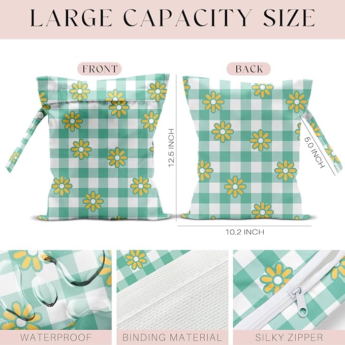Wet Bag, Wet Dry Bag, Waterproof Swim Bags, Machine Washable Reusable Bags for Beach, Pool, Diapers, and Dirty Yoga Gym Clothes(Little Daisy & Green Gingham Design)