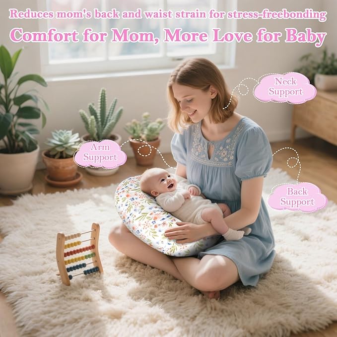 Nursing Pillow - Breastfeeding Pillow with Breathable Filling & Removable Cover, Ergonomic Support for Breastfeeding & Bottle (Green Leaf,0-12 Months)