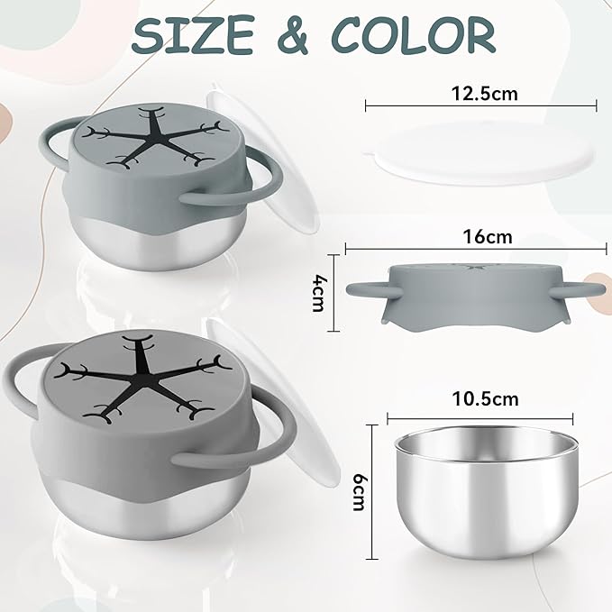 Baby Snack Containers Stainless Steel Snack Cups for Toddler Silicone Spill Proof Lids Handles 2 Pack Kids Travel Food Bowls Box Container Dishwasher Safe (Dark Grey+Light Grey)