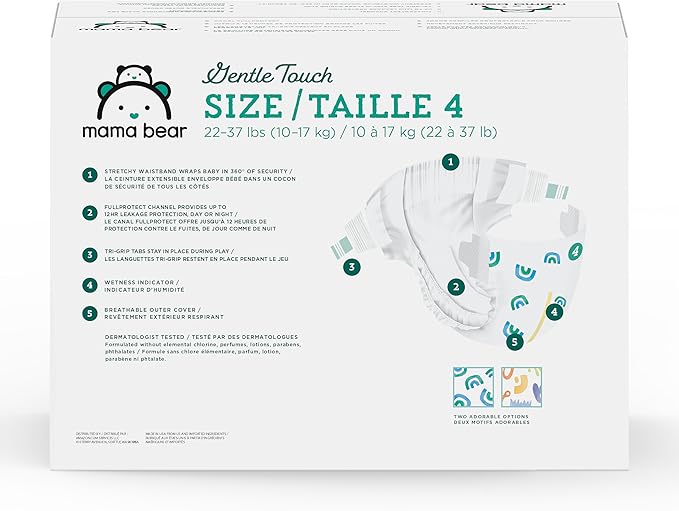Amazon Brand - Mama Bear Gentle Touch Baby Diapers, Formulated without Fragrance, Size 4, 148 Count (4 packs of 37), with Skin Protection and Leak Protection