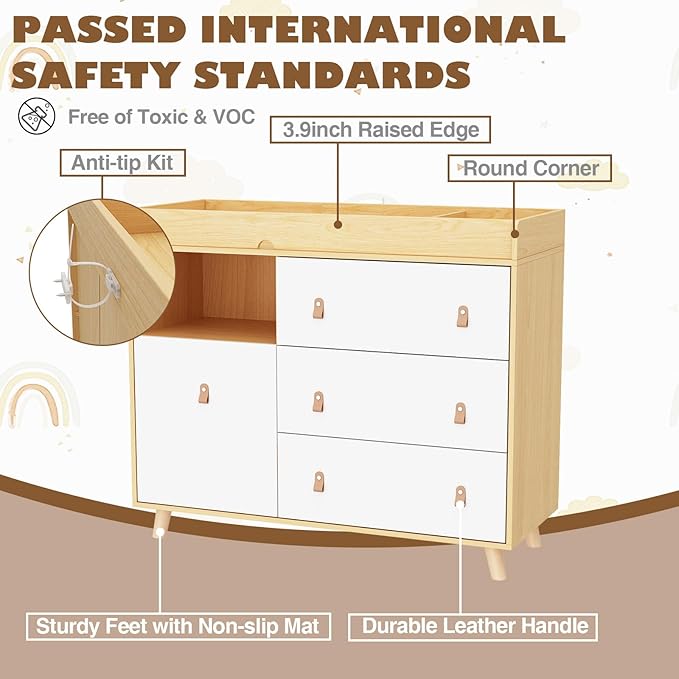Changing Table Dresser, Baby Nursery Dresser with 3 Drawers and Shelf, Top Guardrail and Large Storage Cabinet, Hidden Trash Storage, Baby Changing Dressers for Nursery Room, White + Natural