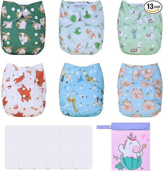 TDIAPERS Cloth Diapers Reusable Washable Pocket Diapers Cover One Size Adjustable for Baby Snaps Cloth Diapers Nappy 6 Pack with 6 Pcs Microfiber Inserts,1 Wet Bag