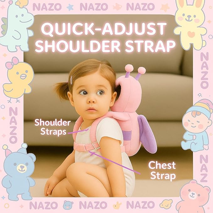 NAZO Baby Head Protector Backpack – Soft Infant Safety Pillow for Fall Protection – Cushions Toddler’s Head While Crawling and Walking – Baby Fall Back Support (Pink Butterfly)