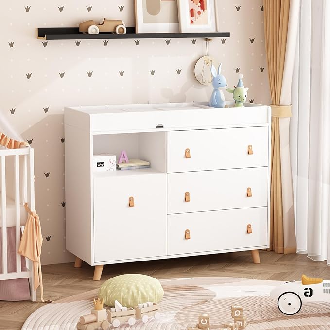 Changing Table Dresser, Baby Nursery Dresser with 3 Drawers and Shelf, Top Guardrail and Large Storage Cabinet, Hidden Trash Storage, Baby Changing Dressers for Nursery Room, White