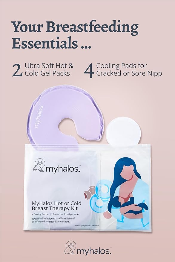 MyHalos® Breast Therapy Pack - 2 Hot Cold Breast Therapy Packs & 4 Hydrogel Nipple Pads for Breastfeeding - Breast Heating Pad Relief - Breast Ice Packs for Engorgement & Nipple Gel Soothing Pads