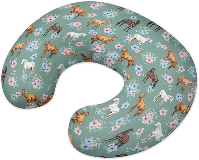 Floral Horse Feeding Pillow Cover Breastfeeding Pillow Slipcover for Newborn Girls Boys Soft Nursing Pillow Case Skin-Friendly U-Shaped Hidden Zipper Design