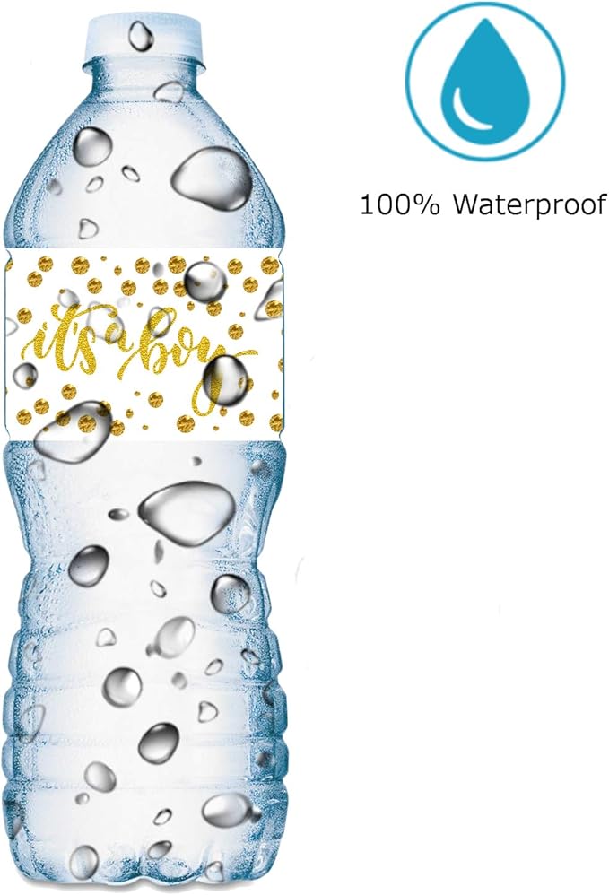25 Gold It’s a Boy Oh Baby Water Bottle Labels; Baby Shower Set of 25 Waterproof Water Bottle Stickers Wrappers Decorations; Gold and White. Made in USA
