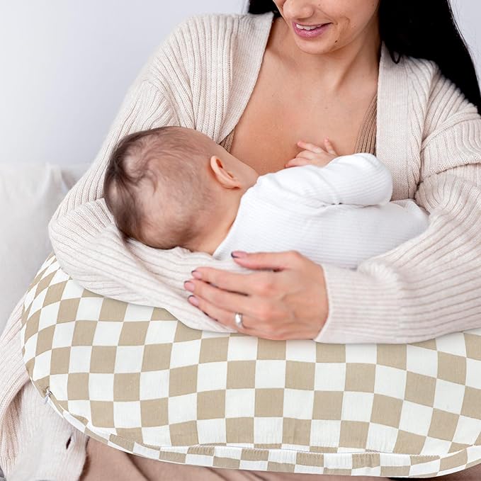 DILIMI Muslin Nursing Pillow Cover 2 Pack, Removable Nursing Cover for Breastfeeding Pillows, Ultra Soft Comfortable Slipcover for Baby Girl and Boy, Beige and Brown Checkered