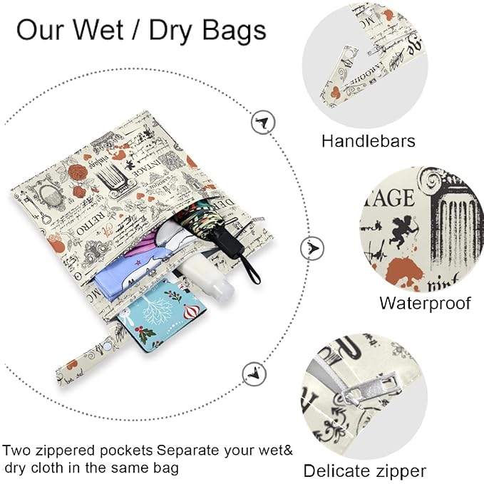 visesunny Vintage Style Red Rose and Art Object 2Pcs Wet Bag with Zippered Pockets Washable Reusable Roomy for Travel,Beach,Pool,Daycare,Stroller,Diapers,Dirty Gym Clothes, Wet Swimsuits, Toiletries