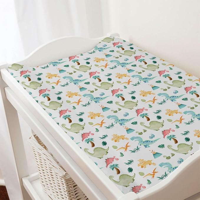 Colorful Dinosaurs Changing Pad Cover Cute Cartoon Dinosaurs Jungle Plam Leaves Diaper Change Table Pad Cover for Boys Girls Soft Breathable Stretch Fitted Changing Mat Sheets 32''x16''