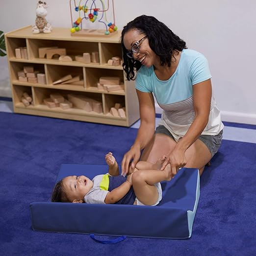 FDP SoftScape Ultra-Soft Daycare Baby and Infant Contoured Changing Pad, Non-Slip Bottom, Built-In Handle Easy to Transport Travel - Navy/ Powder Blue (10421-NVPB)