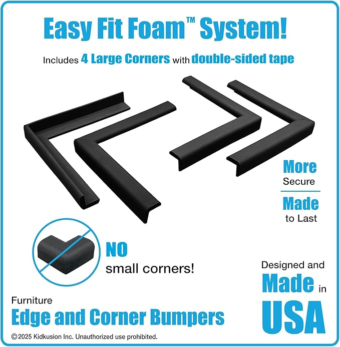 KidKusion Corner and Edge Protector | Easy Fit System | Soft Durable Foam Rubber Padding for Furniture w/Doublesided Tape | Babyproofing Bumper Guards | Large Profile | 16 Ft. | Black