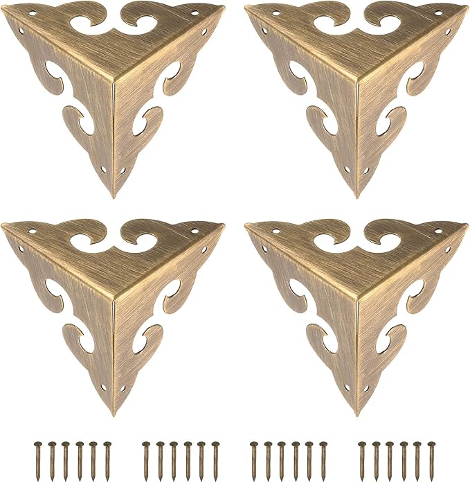 uxcell 4 Pcs Brass Edge Guard, 45mm Decorative Box Corner Cover, Corner Protector, Vintage Stair Dust Corners with Screws, Bronze