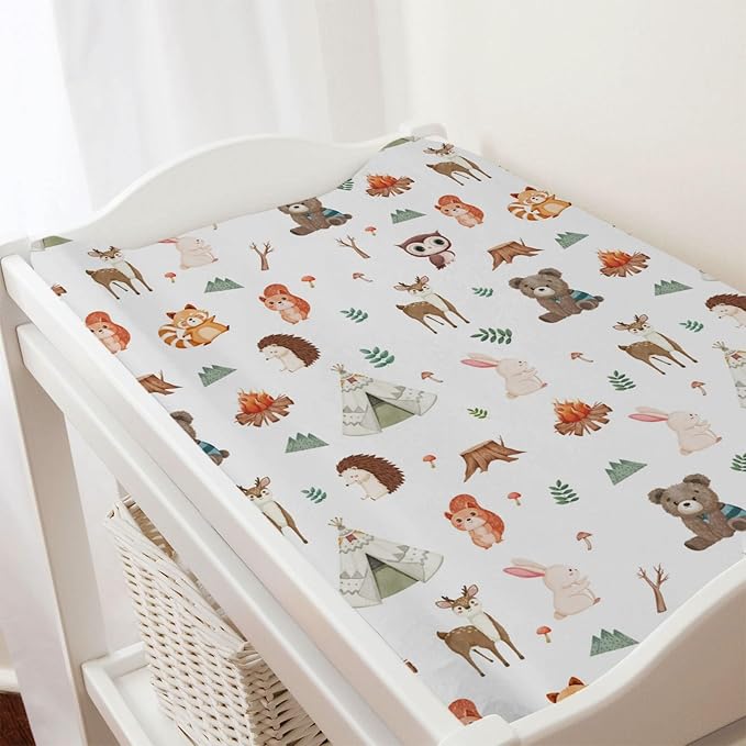 Camping Animals Changing Pad Cover Cute Bear Raccoon Squirrel Deer Rabbit Hedgehog Owl Change Table Cover for Boys Girls Soft Stretch Fitted Diaper Changing Mat Sheets 32''x16''