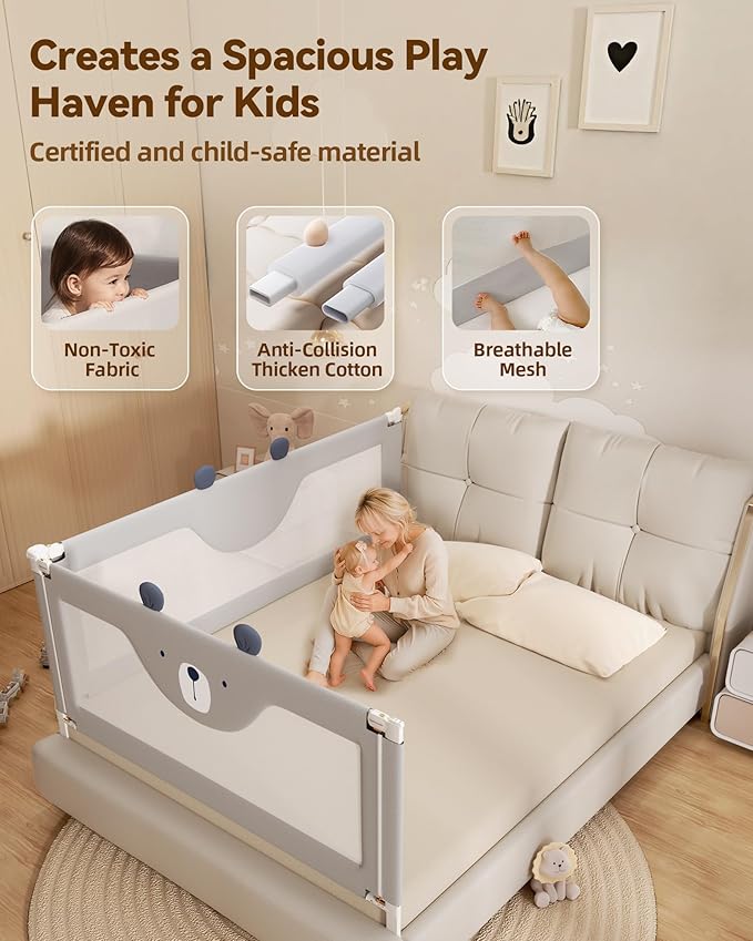 2 Piece Bed Rails for King Size Bed, No-Drill Needed Baby Bed Rail Guard for Toddlers with Height Adjustable, Thickened Child Safety Side Railing Guards/Bedrail for Kids, Grey Bear, 74.8x78.7Inches