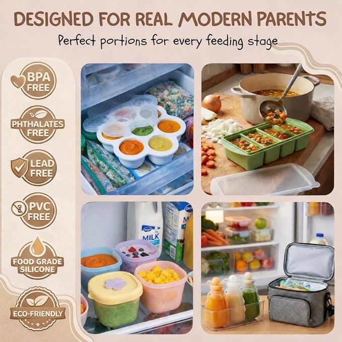 MONDE Baby Food Prep System- Silicone Freezer Tray, Toddler Soup Tray, Food Storage Cups w/Straw, Reusable Baby Food Squeeze Pouches- BPA Free, Food Grade Silicone, Eco-Friendly Food Storage Set