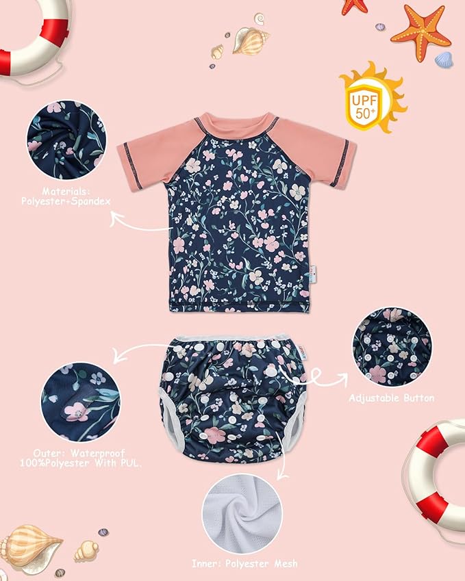 ALVABABY Baby Girl Swimsuit, 2-Piece Infant Toddler Bathing Short Sleeve Swimwear, Large Baby Reusable Swim Diaper with Matching Top