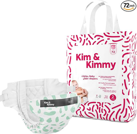 Kim & Kimmy Eco Diapers, Size 2, 9-18 lbs, 72 Diapers - 12 Hour Leak Protection, No Rashes, Hypoallergenic, Ultra-Soft & Highly Absorbent - Cruelty Free & Vegan - Green Dalmatian