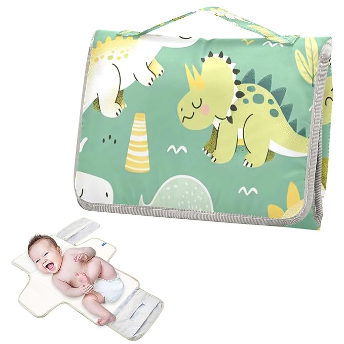 Cute Dinosaurs Portable Diaper Changing Pad - Waterproof Foldable Baby Diaper Changing Pad with Built-in Pillow, Travel Diaper Changing Mat for Newborn Baby