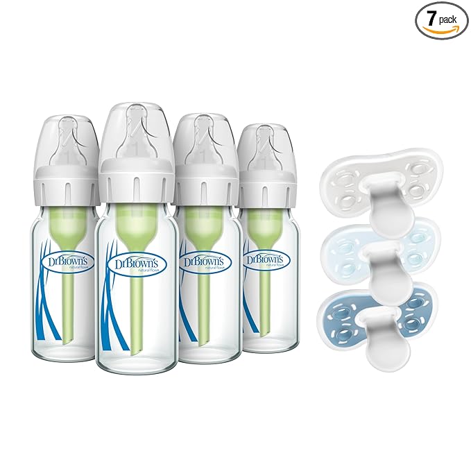 Dr. Brown's Anti-Colic Options+ Narrow Glass Baby Bottle 4 oz, 4 Pack and HappyPaci 100% Silicone Pacifier White/Blue, 3 Pack, BPA-Free, for Newborns 0-6m