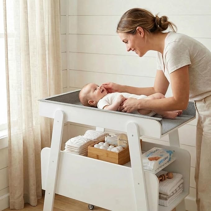 Diaper Changing Station Baby Flat Top Changing Table with Wheels and Changing Pad Nursery Organizer & Storage Rack Mobile Nursery Diaper Changing Table for Baby, Newborn (White)