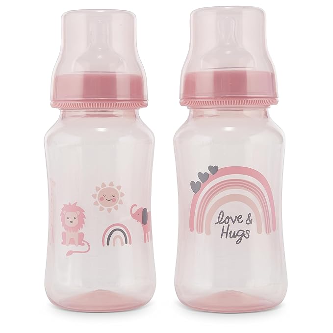 Premium 2-Pack Baby Bottles - 11 Ounce, Hourglass Shape, Fun Boys and Girls Prints, Clear Cover - BPA-Free
