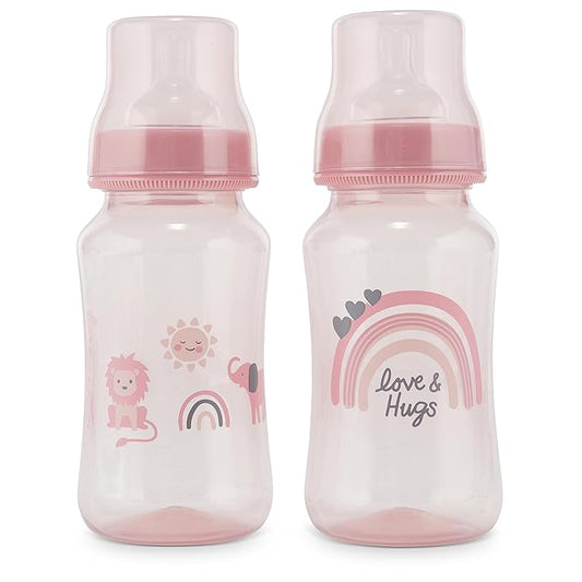 Premium 2-Pack Baby Bottles - 11 Ounce, Hourglass Shape, Fun Boys and Girls Prints, Clear Cover - BPA-Free
