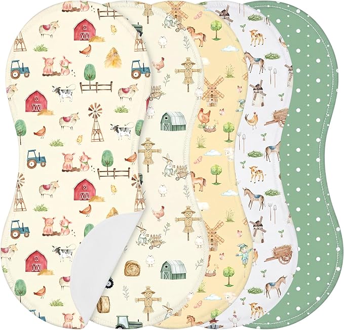 SmoothNovelty 5 Pack Farm Animals Baby Burp Cloths Soft Absorbent Burping Rags for Newborns 19"x9" Spit up Cloths for Boy Girl Newborn Baby Shower Registry Gifts Set Nursery Decor