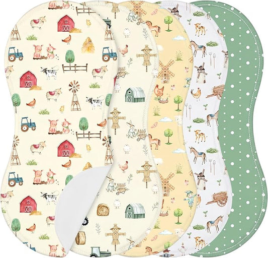 SmoothNovelty 5 Pack Farm Animals Baby Burp Cloths Soft Absorbent Burping Rags for Newborns 19"x9" Spit up Cloths for Boy Girl Newborn Baby Shower Registry Gifts Set Nursery Decor