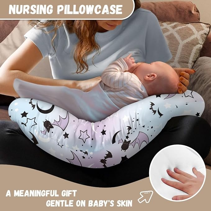 Bats Moon Baby Nursing Pillow Cover Breathable Durable Neutral Breastfeeding Pillow Cover with Hidden Zipper Soft Nursing Pillow Case for Halloween (22"x18"x6")