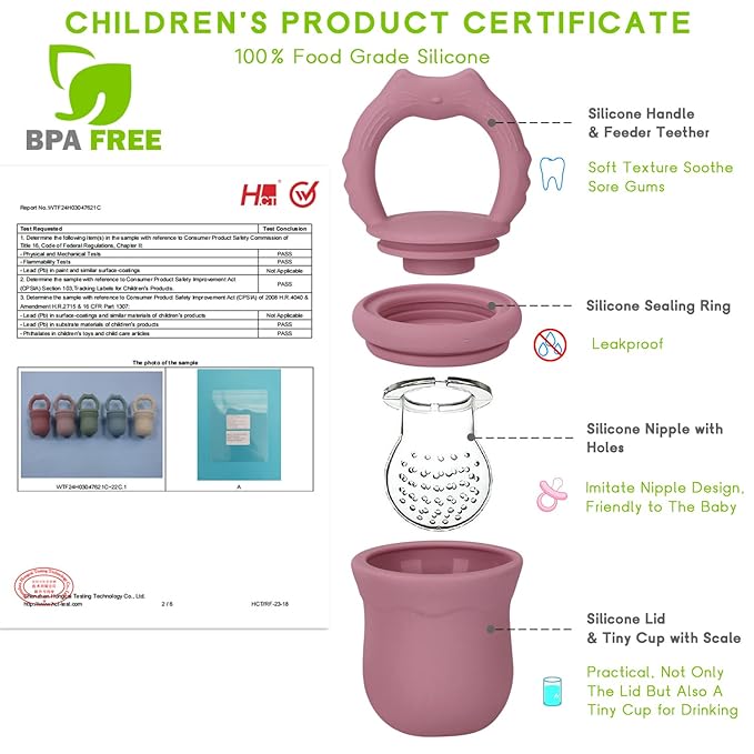 Socub 2 Pack Mesh Fruit Food Feeder Teether, Silicone Frozen Feeders for 3M+ Baby Safe Self Feeding, 3 Sizes Food Pouches Included, Suitable for Babies Teething Relief (Rose, Dusty Lilac)