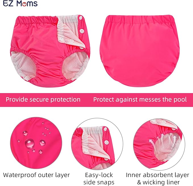 EZ Moms 2 Packs Reusable Swim Diapers Toddler Baby Swim Diaper Size 4 Washable Snap Pool Swimming Diaper 4T Soft and Silky Waterproof Diapers for Swimming Lessons Boys and Girls with a Laundry Bag