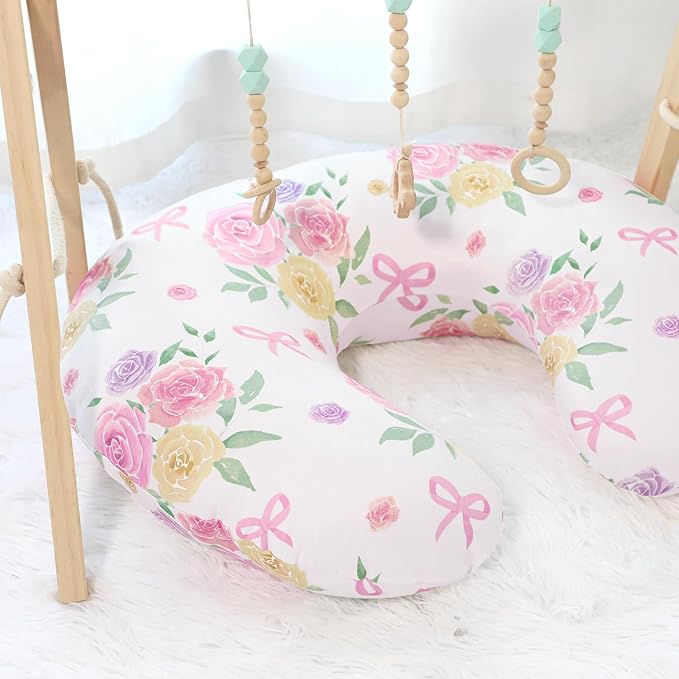 Nursing Pillow Cover, Floral Breastfeeding Pillow Cover for Baby Girls Boys, Soft Stretchy Nursing Pillowcase for Infant Newborn, Removable Slipcover for Nursing Pillows, Pink Rose(Only Cover)