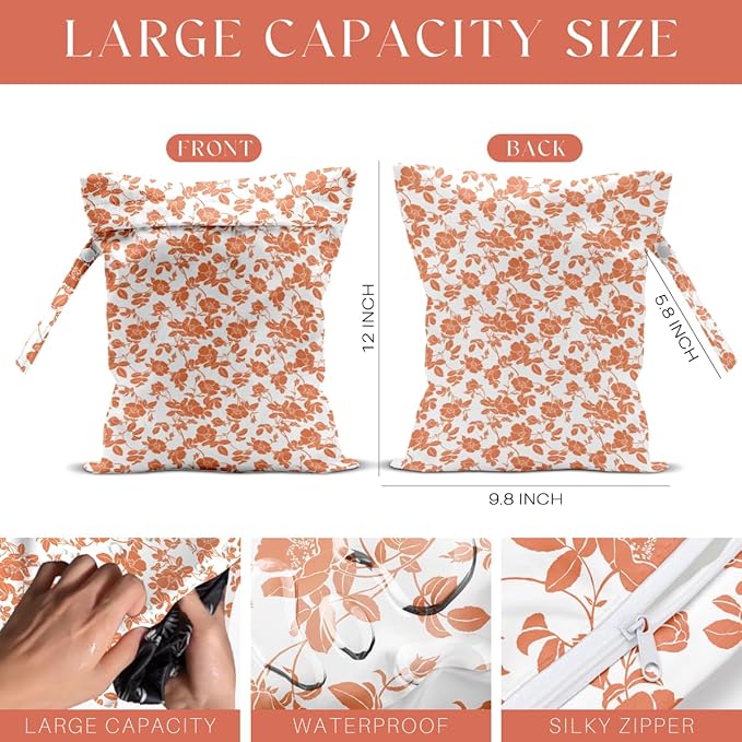 4 Pack Rose Floral Wet Bag Waterproof Washable Reusable Wet Dry Bag for Swimsuit Clothes Cloth Diaper Travel Beach Pool Yoga Gym Toiletries Gift for Women Friend Bestie Birthday Christmas
