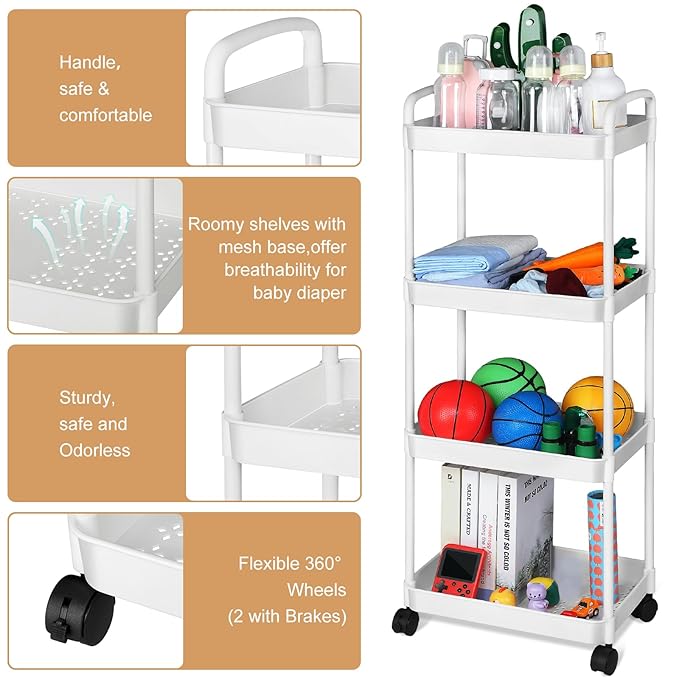 Barydat Baby Diaper Cart 4-Tier Movable Diaper Caddy Organizer Rolling Plastic with Wheels White Essentials Baby Storage Organizer for Hanging Table Crib Bedroom Bathroom