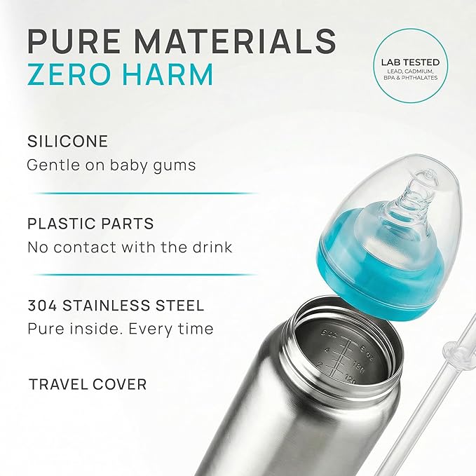 3-in-1 Stainless Steel Newborn Baby Bottle – Grows into Sippy and Straw Cup, Leak-Proof Insulated, Ages 0–4, 6 oz Teal