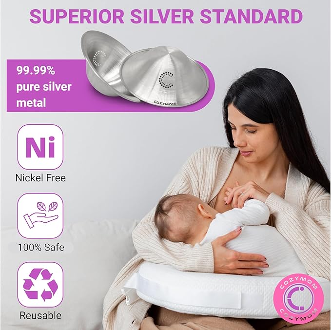 COZYMOM™ Pure Silver Nursing Cups 55mm – Nipple Care for Breastfeeding Moms – Soothe Sore Nipples – Hypoallergenic, Reusable – Complete Nursing Support – Gift for Mom-to-Be