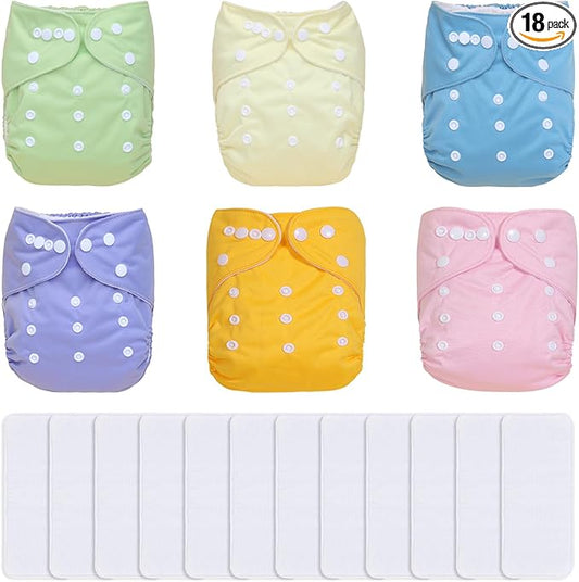 TDIAPERS Cloth Diapers Reusable Washable Pocket Diapers Cover One Size Adjustable for Baby 6 Pack with 12 Inserts