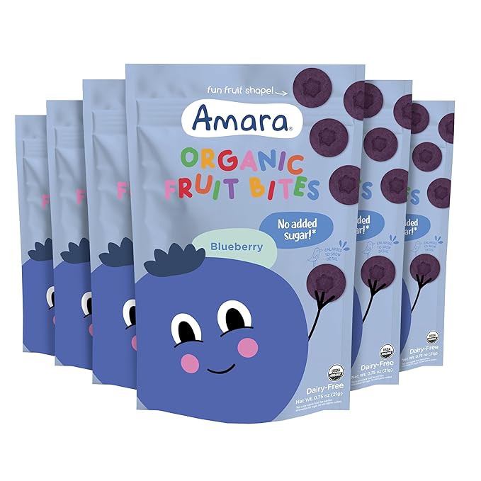 Amara Organic Fruit Bites Blueberry - No Artificial Colors/Dyes, No Added Sugar, Dairy-Free Fruit Snacks, Made with Organic Whole Foods, Healthy Fruit Snacks for Kids - 6 Pack
