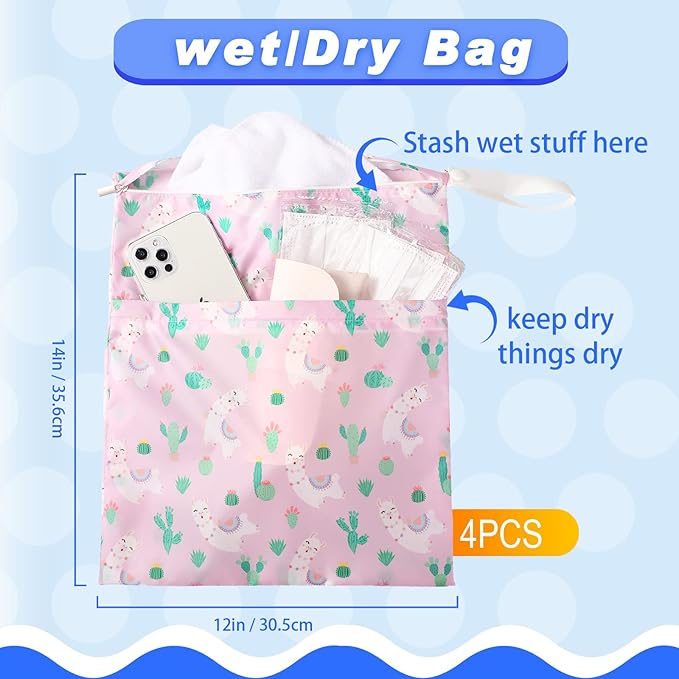 Frienda 4 Pieces Cloth Diaper Wet Dry Bag, Waterproof Reusable Washable Bag for Baby Items and Travel Zippered Pockets with Handle, Beach, Swimsuit, Dirty Gym Clothes and Toiletries(Mermaid)