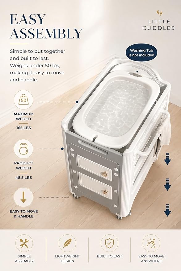 Heavy-Duty Baby Changing Table with Storage & Adjustable Height – Waterproof HDPE Diaper Changing Station for Nursery & Daycare, Removable Care Basin