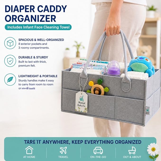 Hamid Baby Diaper Caddy Organizer – Includes Infant Face Cleaning Towel – Grey Large Portable Nursery Storage Basket with 3 Compartments, 8 Pockets, Removable Dividers – Car, Travel Diaper Bag
