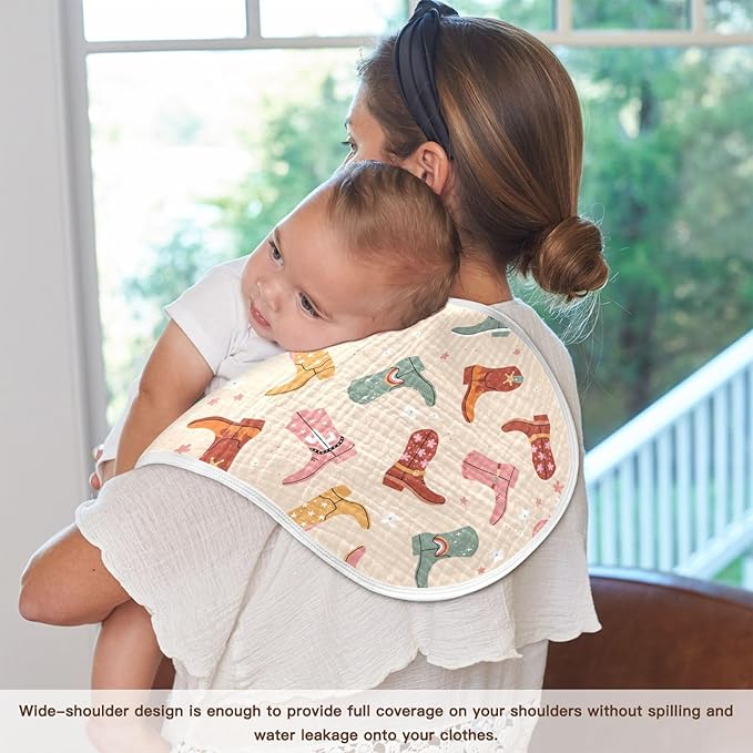 Cowboy Boots Muslin Burp Cloths for Baby Boys and Girls - 2-Pack Ultra Absorbent Muslin Washcloths, Newborn Towel, Milk Spit Up Rags, Burp Cloth Bibs for Unisex, 22 x 11 Inch