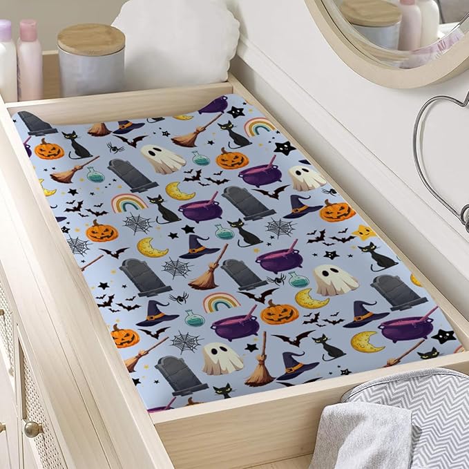 Halloween Boho Changing Pad Cover Spooky Witch Pumpkin Cat Bat Rainbow Baby Changing Pad Table Sheets for Boy Girl Halloween Moon Night Soft Stretchy Fitted Diaper Changing Table Mats 32''x16''