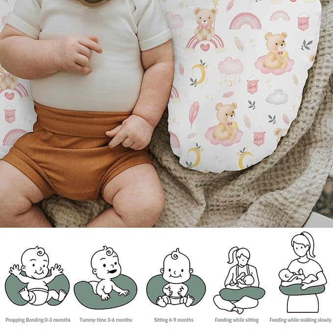 Watercolor Bear Rainbow Pink Baby Nursing Pillow Covers for Girl Boy Cute Bears Moon Stars Clouds Nursery Slipcovers for Breastfeeding Pillows Pastel Animal Soft Stretchy Cover for Newborn Infant