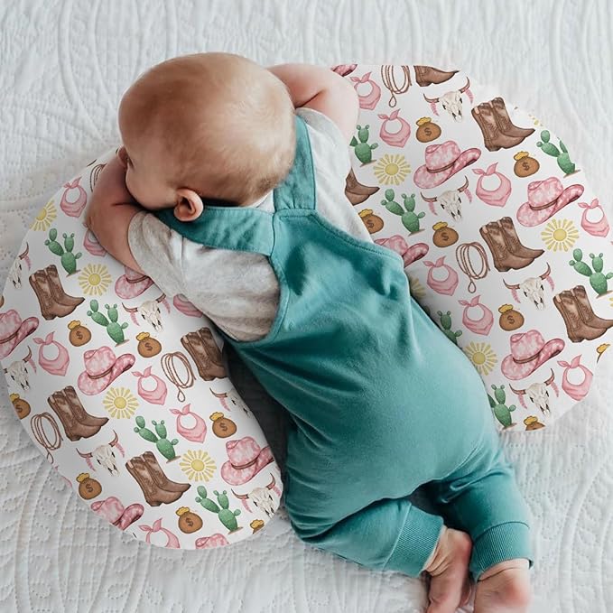 Pink Western Cowgirl Baby Nursing Pillow Covers for Girl Cowgirls Boots Hat Horse Cactus Sun Cow Skulls Nursery Slipcover for Breastfeeding Pillows Wild West Soft Stretchy Cover for Newborn Infant