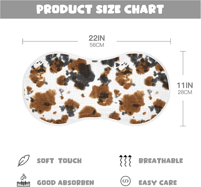 Muslin Burp Cloths for Baby Boys and Girls - 4-Pack Ultra Absorbent Black and Brown Cow Print Muslin Washcloths, Newborn Towel, Milk Spit Up Rags, Burp Cloth Bib for Unisex, 22 x 11 Inch