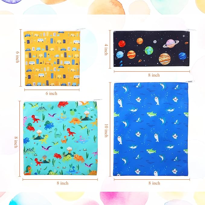Paterr 4 Pcs Sandwich Bag Reusable Zipper Snack Bags Washable Food Safe Lunch Bags for Kids Students Adults Food (Dinosaur)