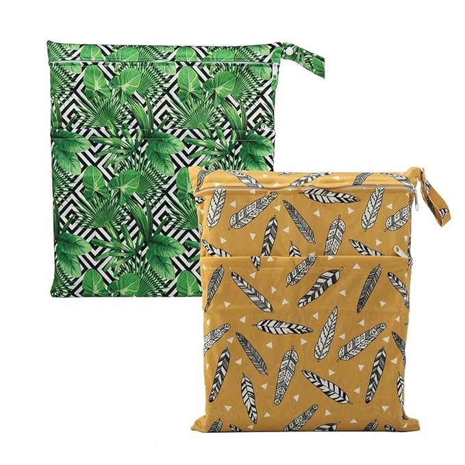 2 Wet Bags Reusable Diaper Nappy Waterproof With Two Zippered Pockets (Golden Leaves and Swirl Leaves)